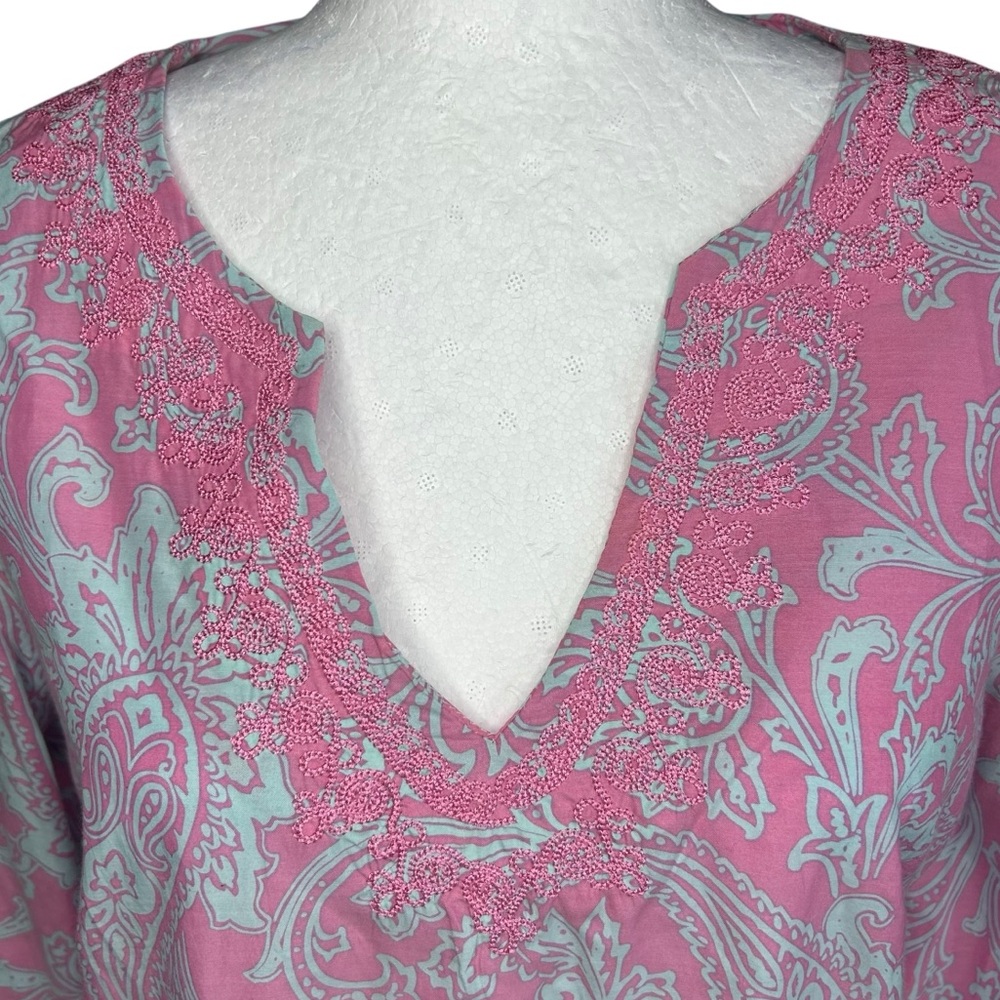 J. Mclaughlin Silk Blend Top M Pop Over Bell Sleeves Embroidered Coastal - Picture 8 of 10